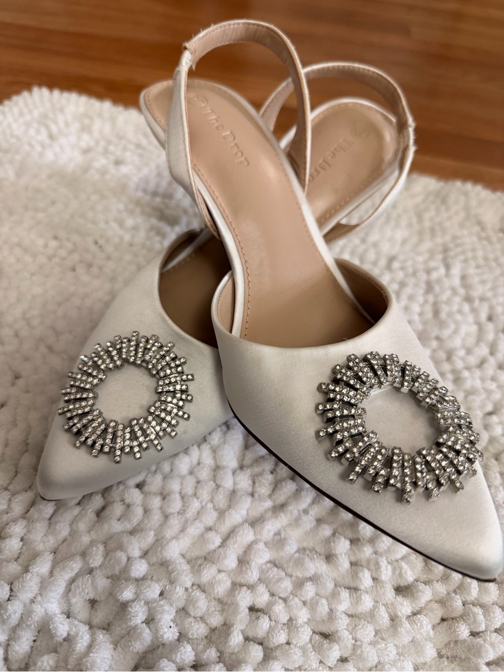 Embellished Ivory Satin Slingback Flats